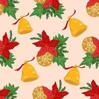 modèle sans couture de vacances de noël avec des biscuits et des cloches de noël, fleur de poinsettia et feuilles vertes, illustration de vecteur de dessin animé. texture sans fin des vacances d'hiver du nouvel an pour l'emballage et les impressions.