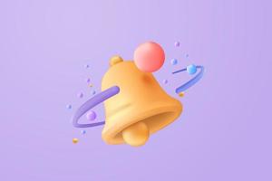 icône de cloche de notification minimale 3d avec des objets de couleur flottant sur fond pastel. nouveau concept d'alerte pour l'élément de médias sociaux. Rendu vectoriel d'alarme de cloche 3d isolé sur fond pastel violet