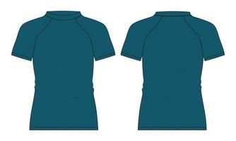 t-shirt coupe slim raglan à manches courtes illustration vectorielle de croquis plat technique global modèle de couleur bleu vue avant et arrière. vecteur