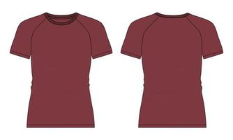 coupe slim t-shirt raglan à manches courtes mode technique croquis plat illustration vectorielle modèle de couleur rouge vues avant et arrière isolées sur fond blanc. vecteur