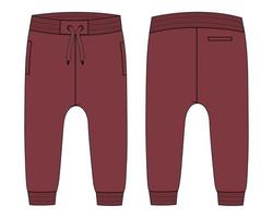 pantalon de survêtement de base en jersey de coton polaire mode technique croquis plat modèle de couleur rouge foncé vues avant et arrière. illustration vectorielle de pantalon de jogging de vêtements maquette pour les enfants et les garçons. vecteur