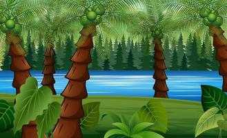 fond de paysage de jungle de palmiers avec la rivière qui coule vecteur