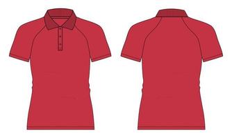 polo raglan à manches courtes mode technique croquis plat illustration vectorielle modèle de couleur rouge vues avant et arrière. vecteur