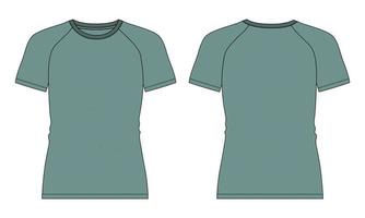 coupe slim t-shirt raglan à manches courtes mode technique croquis plat illustration vectorielle modèle de couleur verte vues avant et arrière isolées sur fond blanc. vecteur