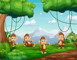 illustration de dessin animé de singes profiter de la nature vecteur
