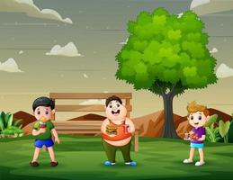 dessin animé trois garçons portant chacun de la nourriture dans le parc vecteur