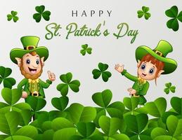 joyeux jour de la saint patrick salutation avec lutin et feuilles vertes vecteur