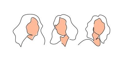 une seule ligne continue de trois visages de femme sur fond blanc. vecteur