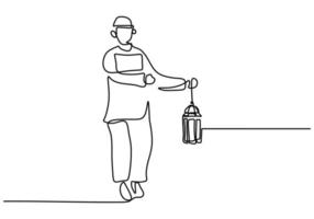 une seule ligne continue de garçon musulman apporte une lanterne vecteur