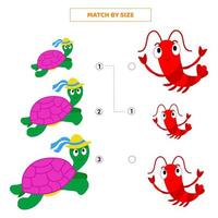 correspondre par taille pour la tortue de bande dessinée et les crevettes. vecteur