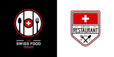 logo du restaurant de cuisine suisse. symbole du drapeau suisse avec des icônes cuillère, fourchette et couteau. logo premium et luxe vecteur