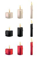 ensemble d'images vectorielles de bougies multicolores brûlantes réalistes sur fond blanc. jaune, noir, rouge, bougies pour halloween, magie, mystique, romantique vecteur