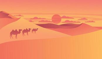 paysage de désert avec des dunes de sable doré matin ou soir avec des chameaux à pied. fond de nature africaine déserte chaude et sèche avec scène de collines sablonneuses, illustration de vecteur de dessin animé