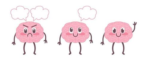 illustration de jeu de cerveau heureux mignon. conception d'icône de mascotte de personnage d'organe humain de dessin animé plat. nutrition, entraînez votre cerveau, soins de l'esprit, forme, pleine conscience, sain, malsain. vecteur