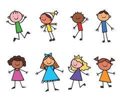 groupe d'enfants drôles filles et garçons race différente. notion d'amitié. enfants de contour de doodle mignon heureux. vecteur de style de ligne dessiné à la main sur fond blanc