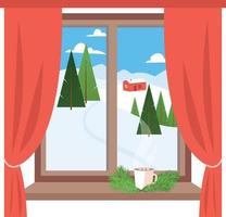 vacances pendant les vacances de noël à la montagne à l'intérieur de la maison chaleureuse avec la tasse de chocolat chaud, regardant par la fenêtre. paysage d'hiver neige et arbres. illustration vectorielle. vecteur