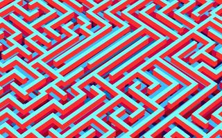 fond de labyrinthe, rendu 3d, perspective isométrique. dans les couleurs bleu, rouge, orange. labyrinthe vectoriel coloré, labyrinthe aux couleurs contrastées. fond de puzzle abstrait.