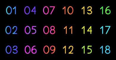 chiffres colorés. numéros de gradient de 1 à 18. conceptions de polices modernes isolées sur fond noir. vecteur