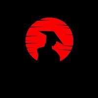 modèle logo silhouette samouraï fond lune rouge du japon vecteur