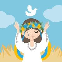 une fille ukrainienne en costume national pleure et laisse le symbole de la colombe blanche voler dans le ciel. paysage ukrainien. soutenir le concept de l'ukraine. illustration vectorielle plate isolée sur fond blanc. vecteur