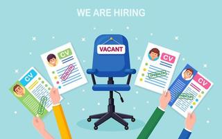 CV d'entreprise en main au-dessus de la chaise de bureau. entretien d'embauche, recrutement, recherche employeur, embauche vecteur