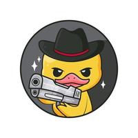 mignon petit canard mafieux tenant un chapeau de pistolet vecteur