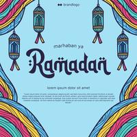 marhaban ya ramadan conception d'affiche de voeux colorée amusante pour le festival du ramadan vecteur