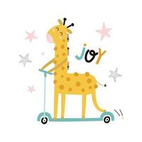 carte avec girafe mignonne sur un scooter. impression d'enfants. illustration vectorielle dessinée à la main. vecteur