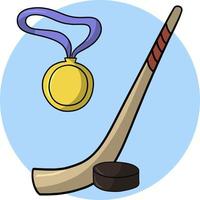 illustration vectorielle. ensemble avec bâton de hockey et rondelle, médaille d'or, carte ronde, emblème vecteur