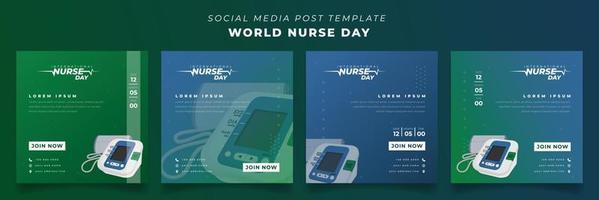ensemble de modèles de publication sur les médias sociaux sur fond carré pour la journée des infirmières avec conception de la pression artérielle