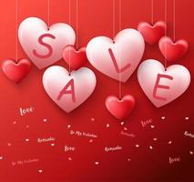 ballons de vente coeur suspendus pour la promotion de la saint valentin sur fond rouge vecteur