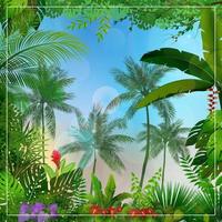 paysage tropical du matin avec des palmiers et des feuilles vecteur