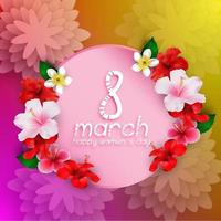 carte de voeux pour la journée internationale de la femme heureuse avec bannière ronde et fleurs d'hibiscus vecteur