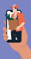 les gens et les achats. un homme avec un sac d'épicerie. téléphone portable. achat de produits d'épicerie en ligne, livraison par coursier. image vectorielle. vecteur