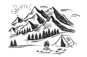 camping dans la nature, paysage de montagne, style de croquis, illustrations vectorielles