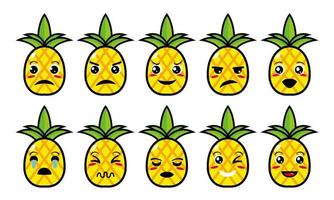 mignon souriant drôle ananas set collection.vector dessin animé plat visage personnage mascotte illustration .isolé sur fond blanc vecteur