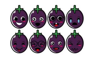 mignon souriant drôle aubergine légume set collection.vector dessin animé plat visage personnage mascotte illustration .isolé sur fond blanc vecteur