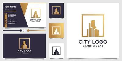 logo de la ville avec concept doré et conception de carte de visite vecteur premium