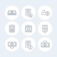 icônes de ligne de comptabilité, finance, fiscalité, comptabilité autour d'icônes isolées, illustration vectorielle
