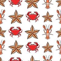 modèle sans couture de dessin animé isolé sur fond blanc avec crabe, crustacé coquillage langouste et étoile de mer. impression textile ou modèle vectoriel de fond d'écran de pépinière. poisson de mer, faune des animaux nautiques