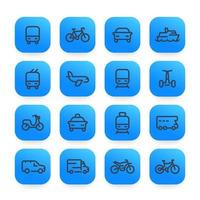 icônes de transport, définies dans un style linéaire, bateau, train, avion, vélo, voitures, moto, bus, taxi, trolleybus, métro, air et maritime vecteur