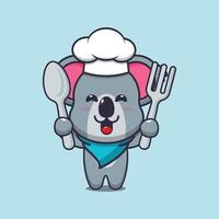 personnage de dessin animé mignon koala chef mascotte tenant une cuillère et une fourchette vecteur