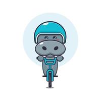 personnage de dessin animé de mascotte d'hippopotame mignon à vélo vecteur