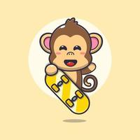 personnage de dessin animé de mascotte de singe mignon avec planche à roulettes vecteur