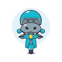 personnage de dessin animé de mascotte d'hippopotame mignon en scooter vecteur