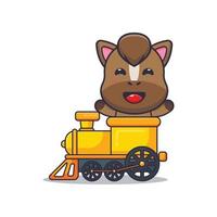 personnage de dessin animé de mascotte de cheval mignon monter dans le train vecteur