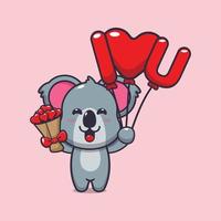 personnage de dessin animé mignon koala tenant un ballon d'amour et des fleurs d'amour vecteur