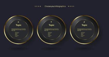 trois modèles vectoriels d'infographie polyvalents dorés avec trois options d'éléments et une version dorée premium sur fond sombre avec 3 conceptions de modèle de graphique d'informations dorées vecteur