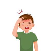 petit garçon souffrant de maux de tête ou de migraine touchant son front vecteur