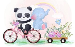 adorable bébé panda et éléphant jouent ensemble vecteur